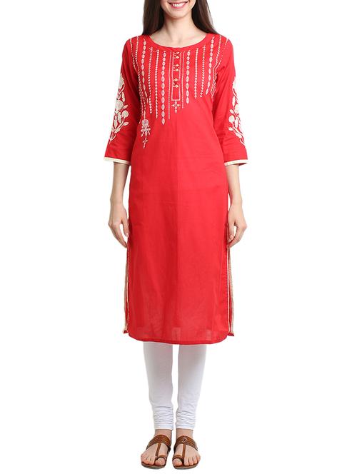 red cotton straight kurta - 10788656 - Very Small Image - 1