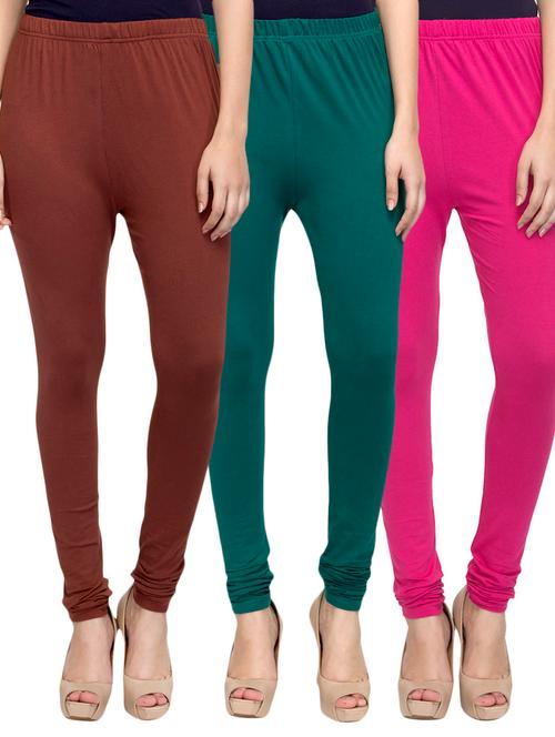 cotton lycra solid leggings (set of 3) - 10797236 - Very Small Image - 1
