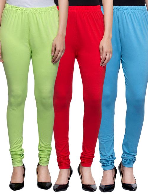cotton lycra solid leggings (set of 3) - 10797301 - Very Small Image - 1
