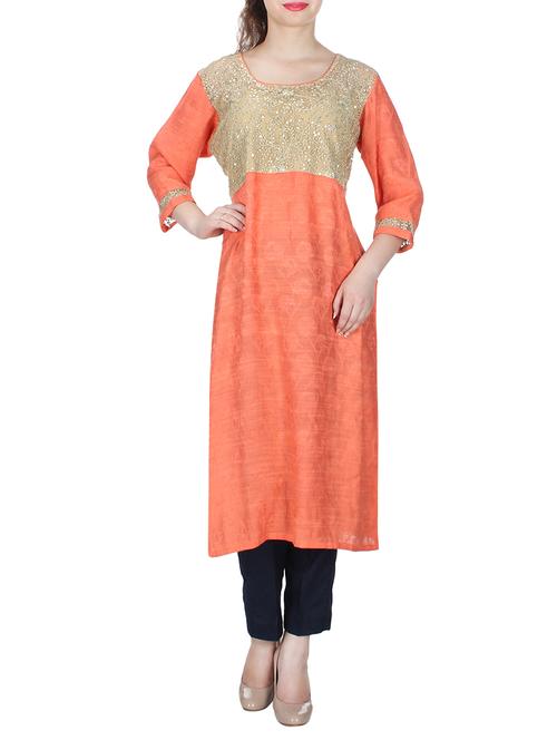 orange chanderi straight kurta - 10799572 - Very Small Image - 1