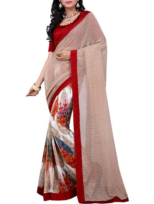 brown, red, blue georgette saree - 10800518 - Very Small Image - 1