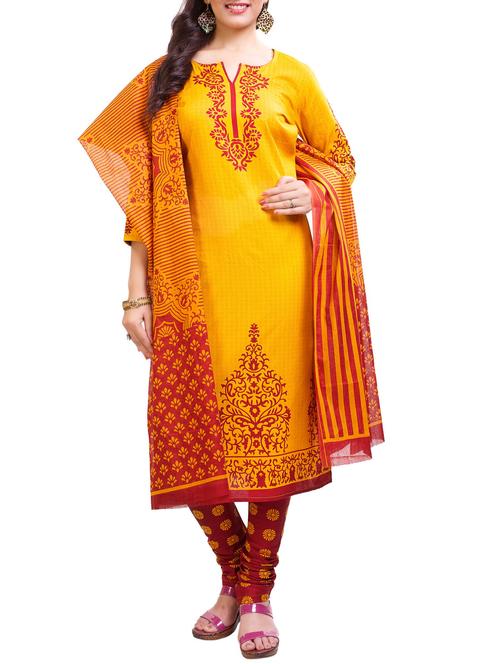 yellow, red cotton unstitched suit - 10801080 - Very Small Image - 1