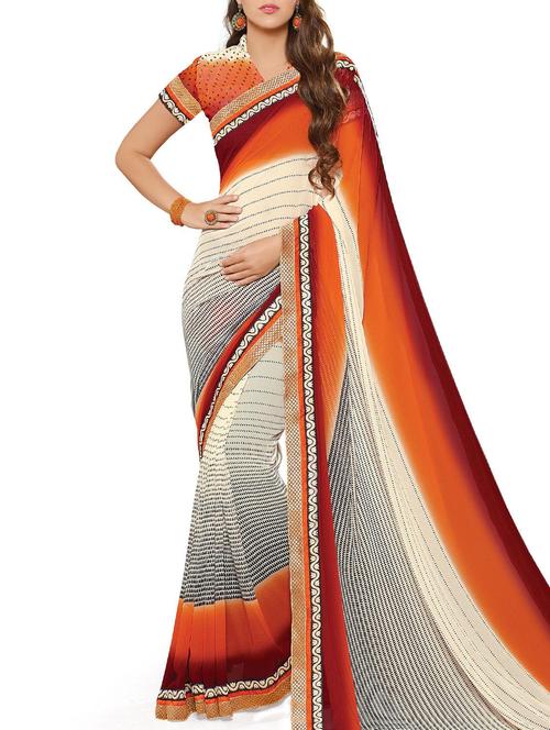 cream,orange georgette saree - 10801314 - Very Small Image - 1