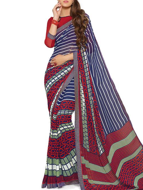 blue, red georgette saree - 10801319 - Very Small Image - 1