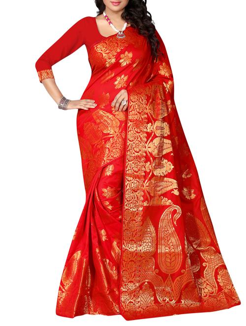 red silk blend banarasi saree with blouse - 10801539 - Very Small Image - 1