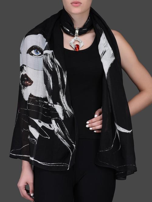 monochrome printed cotton jeweled stole - 1080381 - Very Small Image - 1