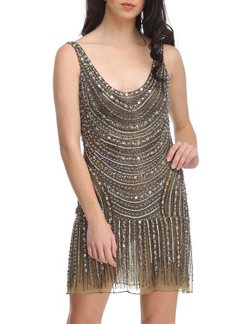 olive poly net embellished a line dress - 10806237 - Very Small Image - 1
