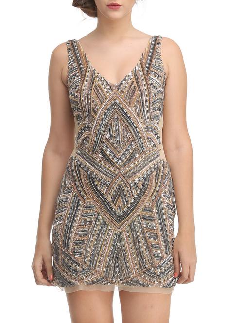 nude poly net embellished a line dress - 10806241 - Very Small Image - 1