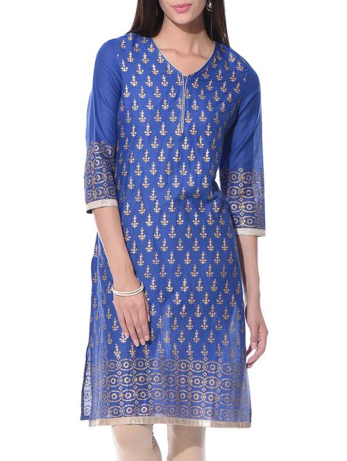 blue cotton straight kurta - 10807975 - Very Small Image - 1