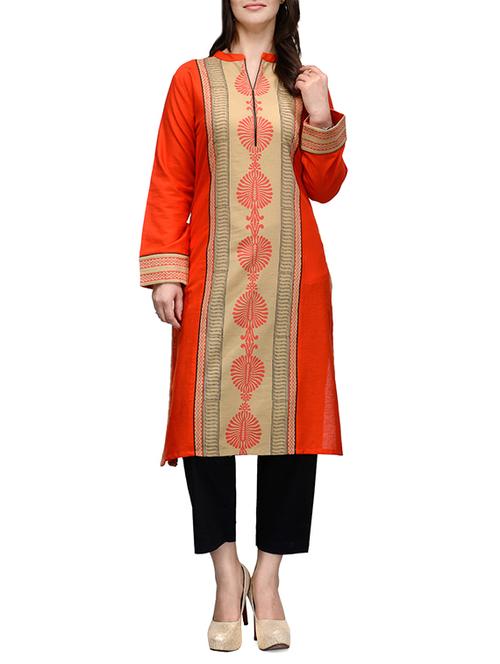 orange cotton straight kurta - 10809458 - Very Small Image - 1