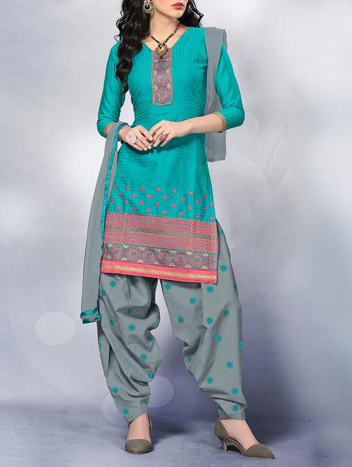 turquoise cotton un-stitched dress material - 10814130 - Very Small Image - 1