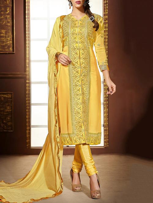 yellow georgette un-stitched dress material - 10814139 - Very Small Image - 1