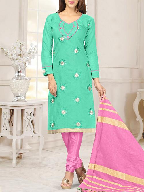 turquoise cotton un-stitched dress material - 10814151 - Very Small Image - 1