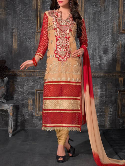 orange & red cotton un-stitched dress material - 10814189 - Very Small Image - 1