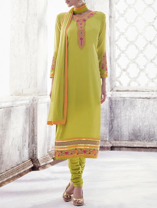 olive embroidered unstitched suit set - 10820399 - Very Small Image - 1