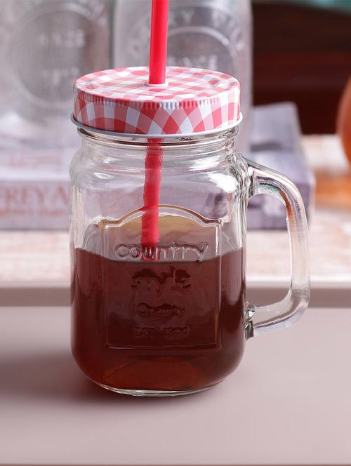 circleware handle jar with color checked lid color straw 480 ml - 10824459 - Very Small Image - 1
