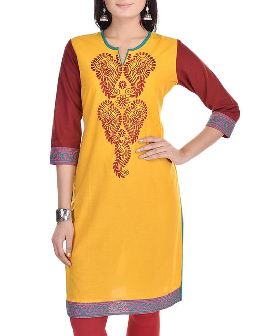 yellow, red cotton kurta - 10836879 - Very Small Image - 1