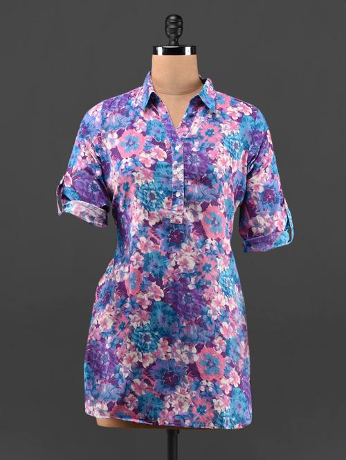 floral printed button-up sleeves cotton top - 1084458 - Very Small Image - 1