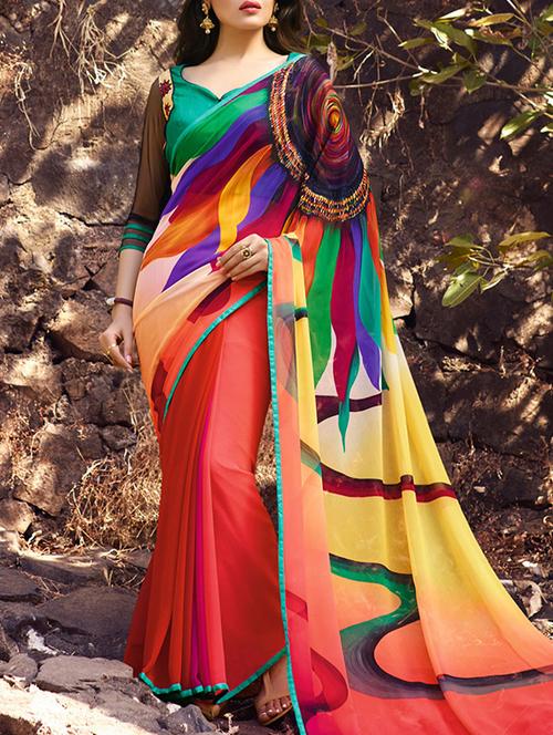 multi colored georgette printed saree - 10855900 - Very Small Image - 1