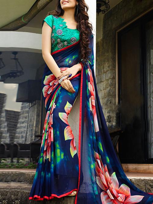 blue georgette printed saree - 10855974 - Very Small Image - 1