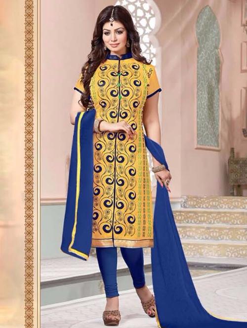 yellow cotton unstitched dress material - 10858949 - Very Small Image - 1