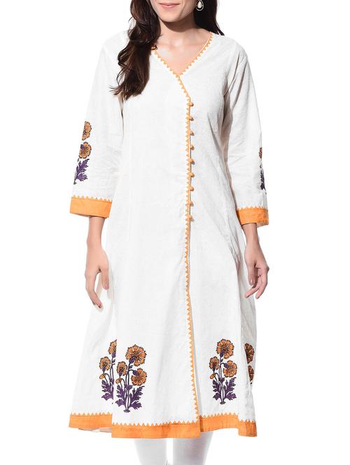 White cotton printed A-line kurta - 10864543 - Very Small Image - 1
