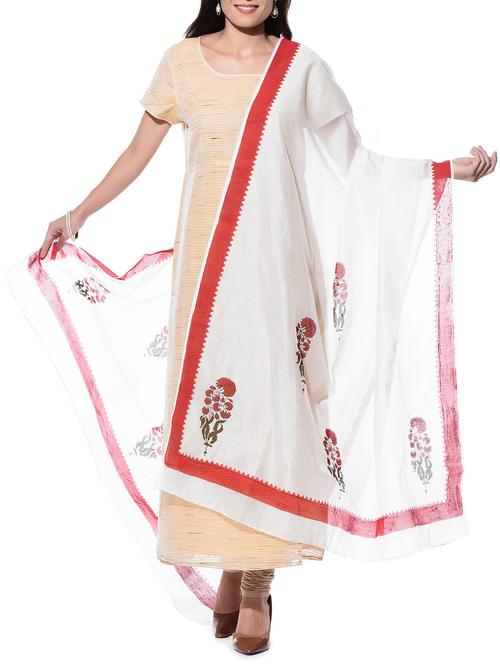 Off-white hand block print chanderi dupatta - 10864549 - Very Small Image - 1
