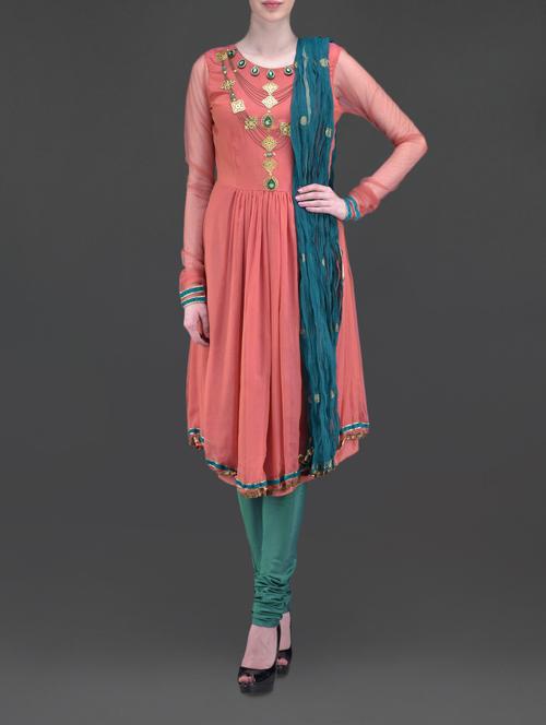 peach embellished chiffon suit set - 1086944 - Very Small Image - 1