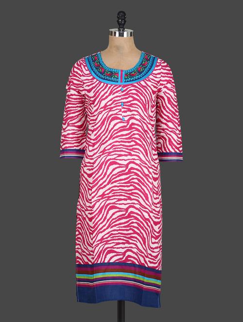 pink printed round neck cotton kurti - 1087531 - Very Small Image - 1