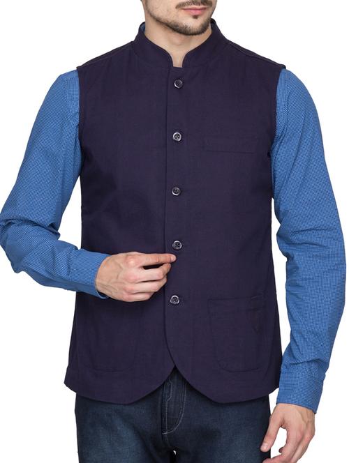 navy blue cotton nehru jacket - 10910346 - Very Small Image - 1