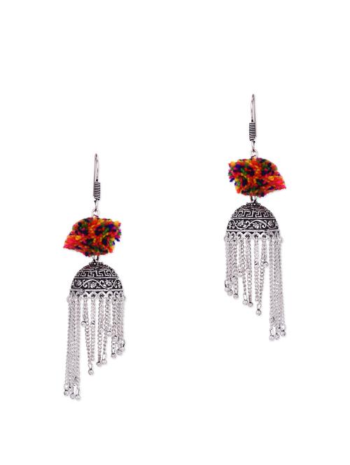 antique silver pom pom embellished tasseled jhumkas - 10922944 - Very Small Image - 1
