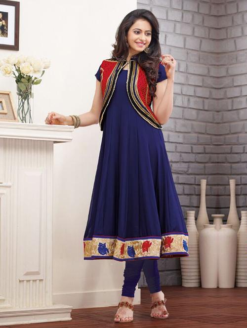 dark blue and red faux georgette semistitched suit - 10929575 - Very Small Image - 1