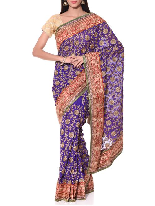 purple floral embroidered georgette saree - 10934854 - Very Small Image - 1