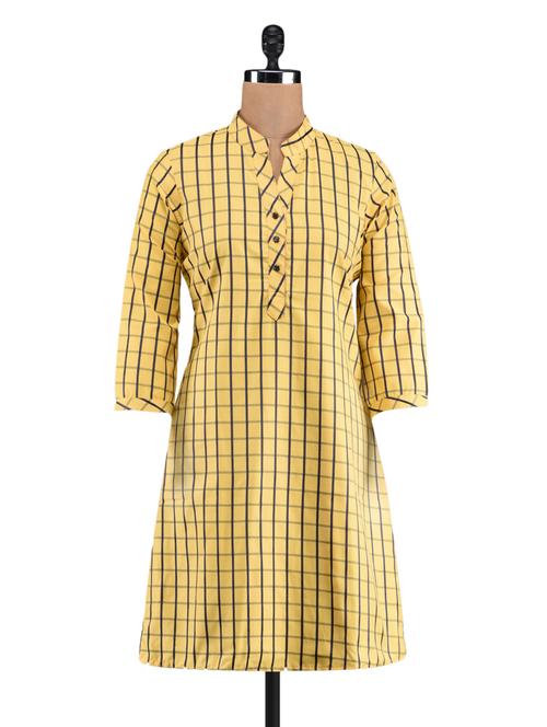 yellow checks mandarin collar kurti - 1093835 - Very Small Image - 1