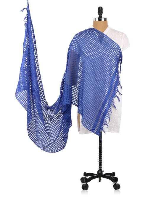 blue woven checks pattern cotton silk stole - 1094800 - Very Small Image - 1