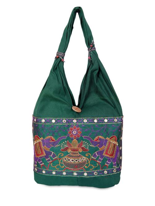 embroidered mirror work green canvas handbag - 1095019 - Very Small Image - 1