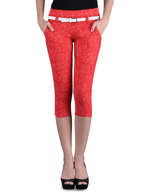 floral print red cotton lycra capri - 1095770 - Very Small Image - 1