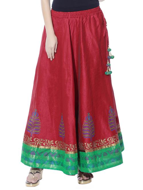 Red printed dupion silk ethnic skirt - 10967086 - Very Small Image - 1