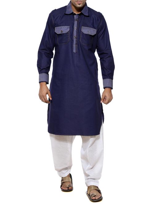 navy blue cotton kurta pyjama set - 10987125 - Very Small Image - 1
