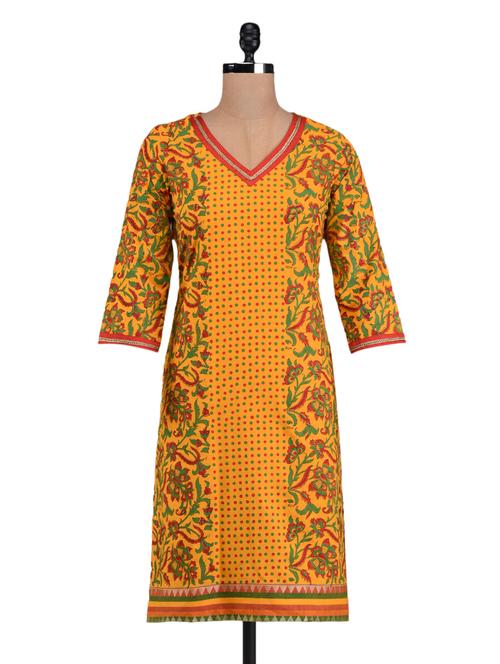 printed mustard cotton kurta - 1098790 - Very Small Image - 1