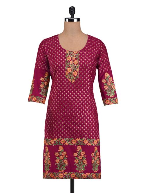 printed fuchsia cotton kurta - 1098791 - Very Small Image - 1
