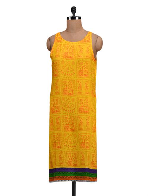 yellow warli print sleeveless rayon kurta - 1099038 - Very Small Image - 1