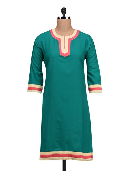 teal green 3/4th sleeves cotton kurta - 1099053 - Very Small Image - 1