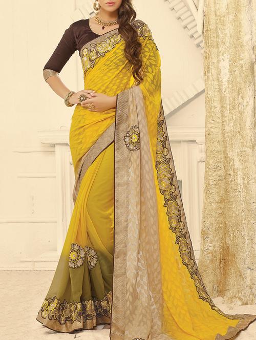 yellow georgette saree - 10998623 - Very Small Image - 1