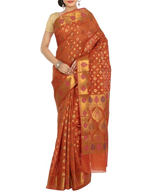 orange silk saree - 11016068 - Very Small Image - 1