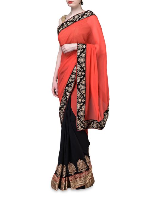 embroidered border solid coral pallu saree - 1101647 - Very Small Image - 1