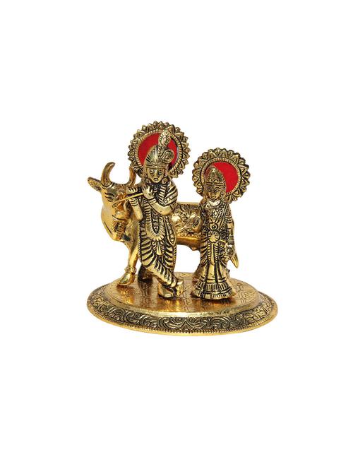 radha krishna in metal antique golden playing flute with cow - 11017624 - Very Small Image - 1