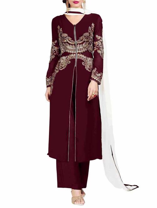 maroon georgette unstitched suit - 11030136 - Very Small Image - 1