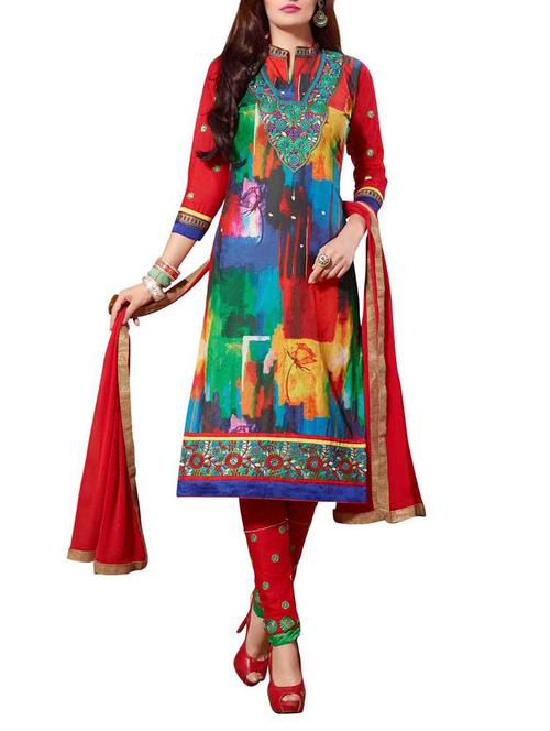 blue , red cotton unstitched suit - 11030146 - Very Small Image - 1