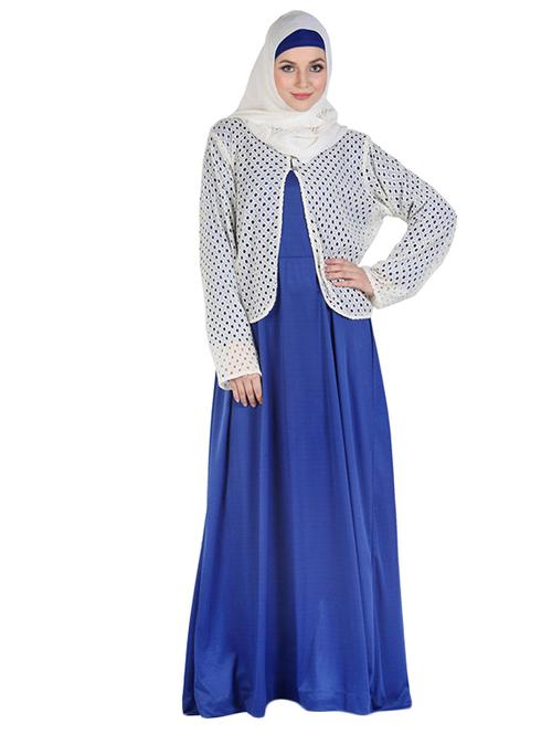 solid blue abaya with white schiffli shrug - 11032254 - Very Small Image - 1
